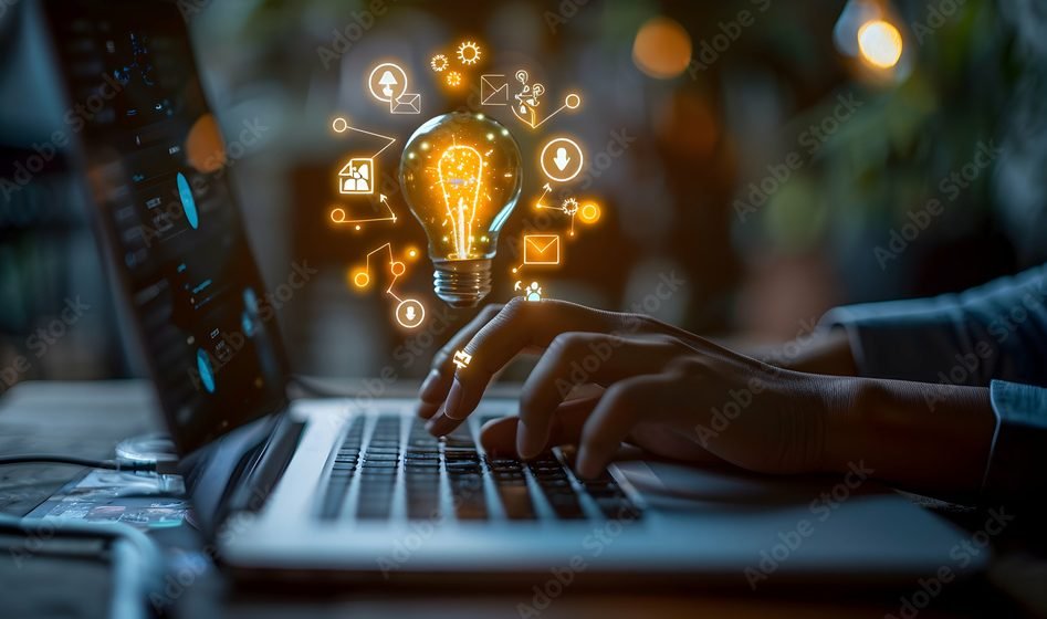 Person typing on laptop with glowing bulb and tech icons above keyboard