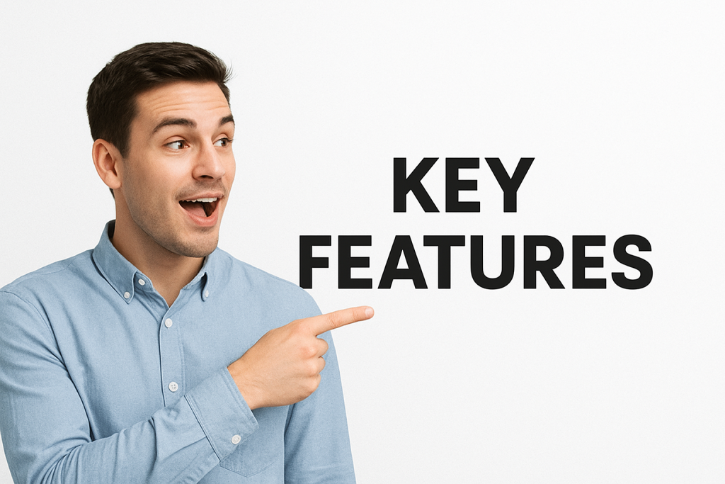 Person in blue shirt pointing right beside bold feature heading on white background