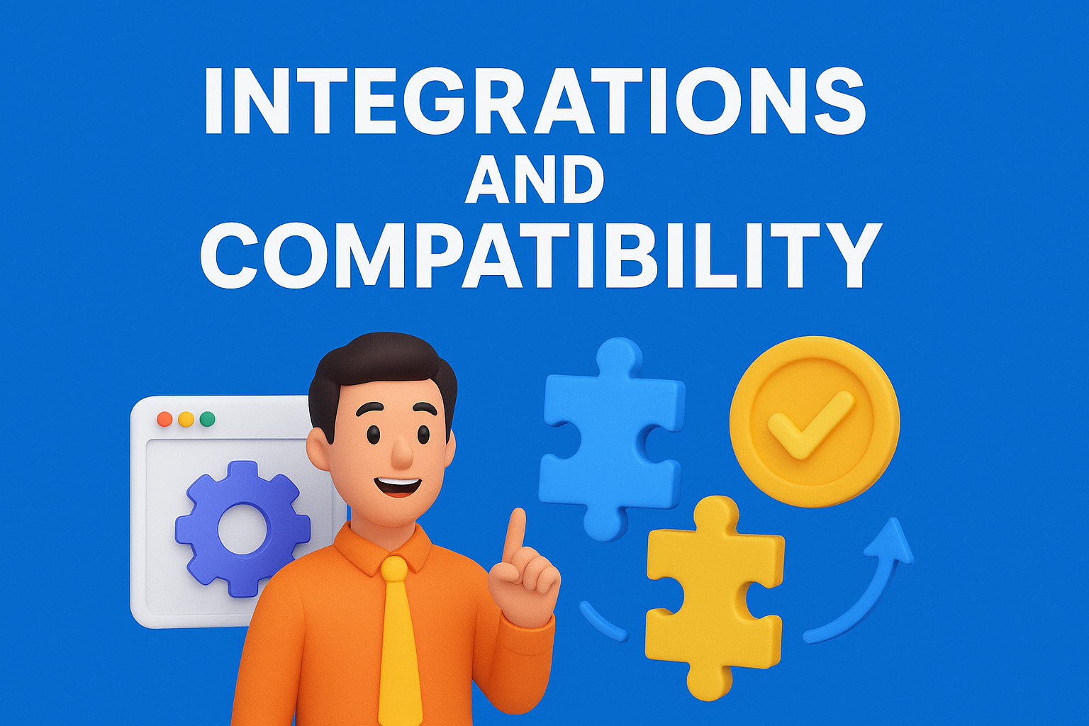 Cartoon character with tech icons showing integration and compatibility concepts