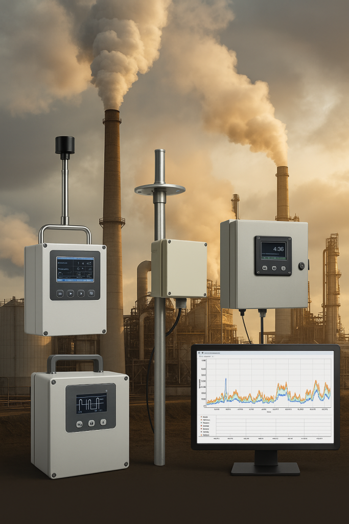Air quality monitors with smokestacks emitting smoke in industrial background