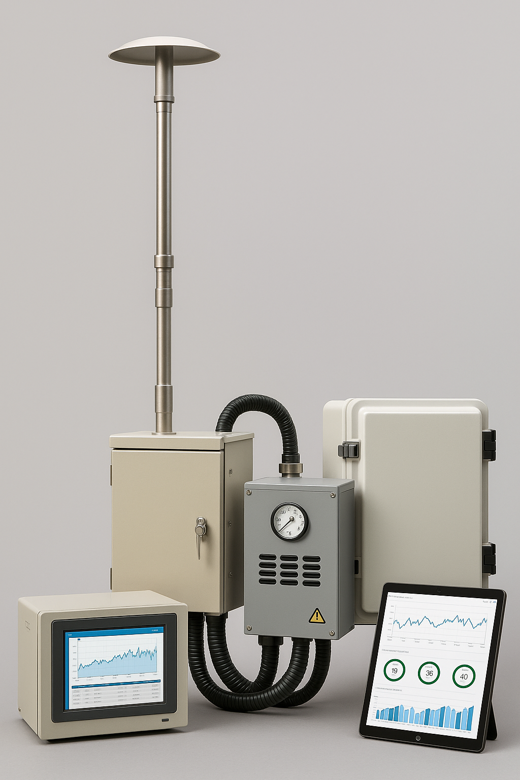 Environmental monitoring setup with sensors, tubing, and data display screens