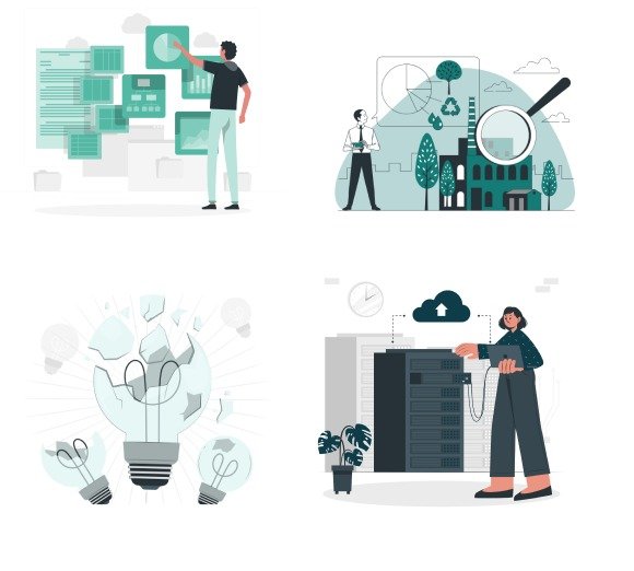 Illustrated scenes of tech innovation, data analysis, and cloud computing